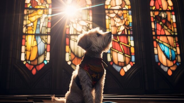 dog in church. a puppy prays near a stained glass window. faith hope. animal folded his hands in prayer