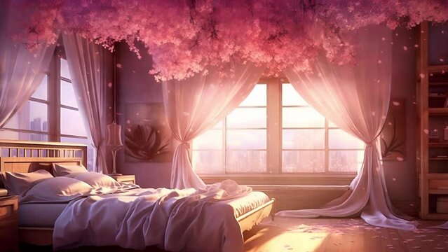 Animated Vtuber Background of a Sakura Flower Bedroom
