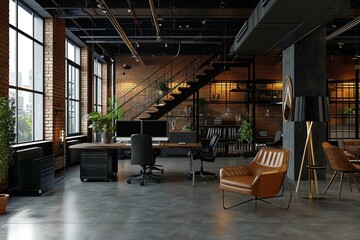 Modern office interior in loft, industrial style, 3d render