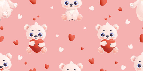 Romantic seamless pattern with white polar bear with hearts on pink background. Vector illustration valentine backdrop in cartoon style for design, wallpaper, packaging, textile.