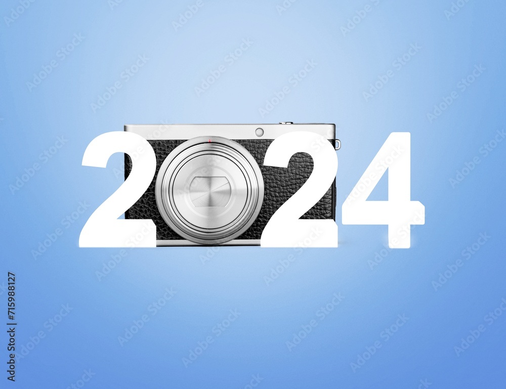 Wall mural 2024 New year for social media ads, numbers with camera