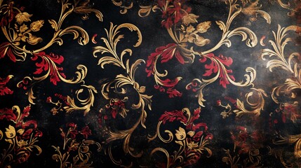Red and Gold Floral Pattern on a Black Background
