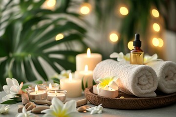 Fototapeta na wymiar Relaxing Spa Ambiance with Natural Oils and Candles
