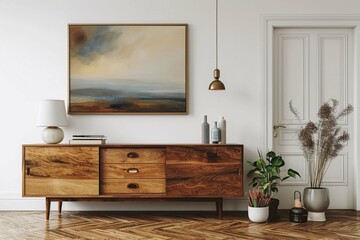 Retro, wooden cabinet and a painting in an empty living room interior with white walls and copy space place for a sofa. Real photo.