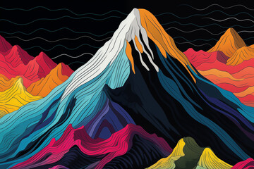 Playful and colorful wallpaper depicting a mountain