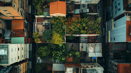 An overhead perspective of a city neighborhood featuring buildings with rooftop gardens - obrazy, fototapety, plakaty
