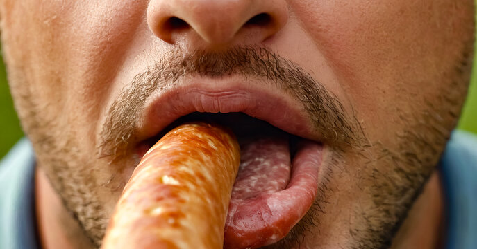 Close up of man with long tongue sticking out of his tongue.