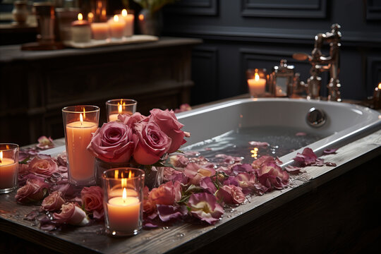 Romantic relaxation. bathtub with rose petals, flickering candles, and serene atmosphere