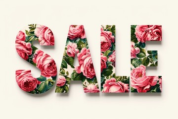 The word "SALE" creatively filled with vibrant red roses on a white backdrop