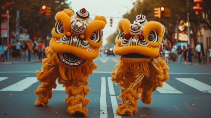 A close-up view of a Chinese lion dance costume during a festive performance, with blurred...