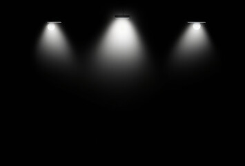 spotlight on stage, dark background, three lights in the dark from the top. Abstract dark background. Space for product presentation, studio shot, photorealistic, high resolution image 