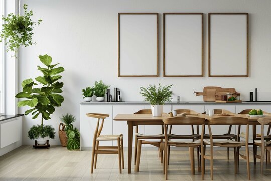 Scandinavian farmhouse kitchen interior, poster frame mockup, 3d render