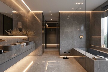 sleek grey marble bathroom with LED lighting, double vanity, and freestanding tub - obrazy, fototapety, plakaty