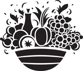 Garden Harvest Icons Stylish Vector Designs Depicting a Nutritional Fruit Basket in Chic Black Wellness Bloom Iconic Black Logos Define the Blossoming Health Benefits of a Fruitful Vector Design