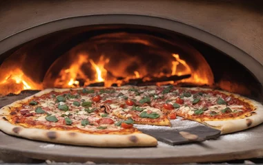 Foto op Plexiglas pizza on a fireб Italian pizza is cooked in a wood-fired oven © Евгения Жигалкина