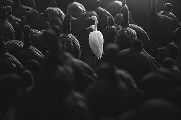 Standing out from the crowd , white bird standing between man gray birds, Generative AI illustration
