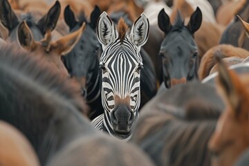 Standing out from the crowd concept with Zebra in heard of horses - obrazy, fototapety, plakaty