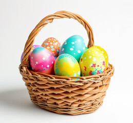 A close-up view of a wicker basket filled with colorful, speckled Easter eggs nestled in white straw, isolated on a light background.