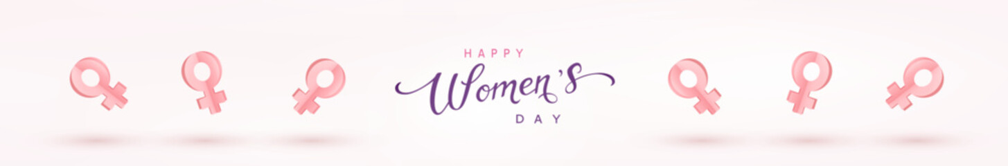 Women's Day greeting header or banner with woman 3d pink flying paper female symbols. Vector 8 March international holiday poster template - obrazy, fototapety, plakaty