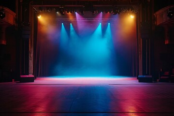 Theater stage light background with spotlight illuminated the stage for opera performance. Stage lighting. Empty stage with bright colors backdrop decoration. Entertainment show - obrazy, fototapety, plakaty