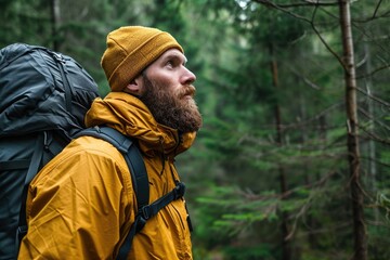 Obraz premium Contemplative bearded man wearing a yellow raincoat while hiking in a lush forest