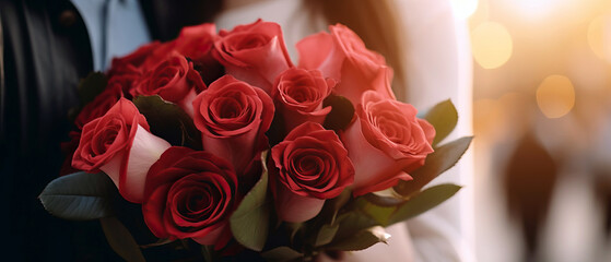 Fototapeta premium Woman's hands holding bouquet of red roses and the hands of a man in a suit embrace
