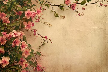 Vintage Pink Flowers and Green Leaves on Beige Background