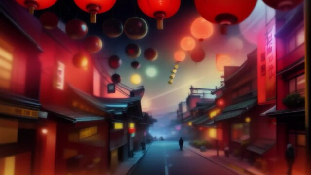Colorful fireworks at night in chinatown. Loopable. AI generated