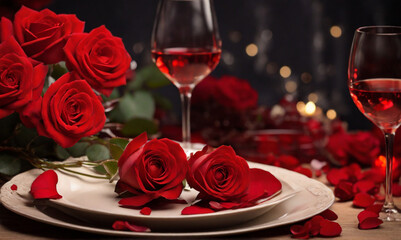 dinner setting with rosesб Valentine's day romantic restaurant dinner setting with red rose, HD....