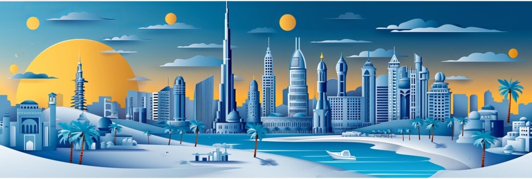 Panorama view of Dubai and city skyline with world famous landmarks in paper cut style vector illustration 