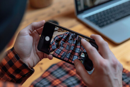 Youthful hands capturing a detailed image of a classic plaid shirt, highlighting its charming pattern and texture for potential buyers
