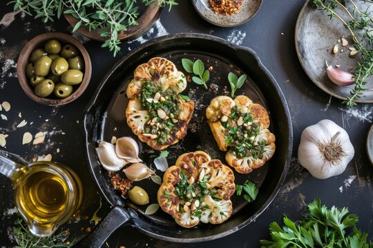 Rustic Cauliflower Steaks With Green Herb Sauce And Almonds In A Well-seasoned Pan. Served With Olives, Capers, And Fresh Herbs A Mediterranean Feast