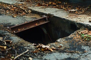 A neglected underground access point with a rusted frame, hinting at hidden depths and potential hazards