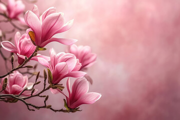 Magnolia branch with blooming pink flowers on soft pastel pink background with copy space