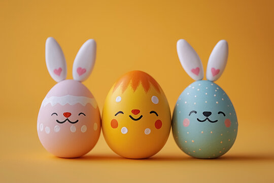 Three cute painted smiling Easter eggs pink, yellow and blue with bunny ears on smooth yellow background, happy Easter greeting card