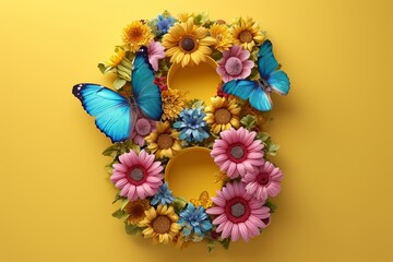 8 number for International Women's Day, March 8th from colorful flowers with butterflies 
