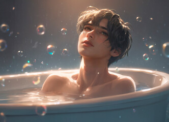 A handsome man takes a bath with soap bubbles