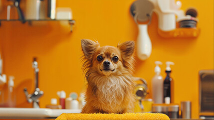 cute chihuahua at the pet groomers with a orange background