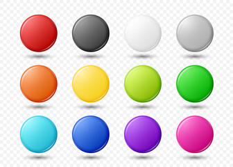Vector 3d Realistic Blank Round Button Badge Set Closeup Isolated on a White Background. Button Badge Collection, Different Colors, Plastic or Metal ID Badge Design Template, Mockup. Front View