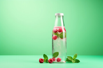 Glass transparent bottle with refreshing drink detox infused water with raspberry and mint. Isolated beverage on green background banner with copy space