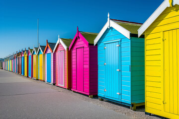 Colored bathing cabins on a beach. Beach huts or bathing houses on the beach with blue sky background. Beach huts or bathing houses on the beach with blue sky background. - obrazy, fototapety, plakaty