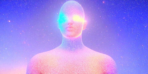 3D hologram of a person. particles of light. 3D illustration. physical condition. Head. happy. fun. sad. anger. Emotional. spiritual. Abstract. Stiff shoulder. body. yoga.
