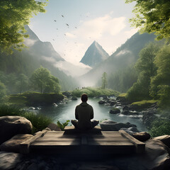A man practicing mindfulness and meditation in a peaceful natural environment - obrazy, fototapety, plakaty