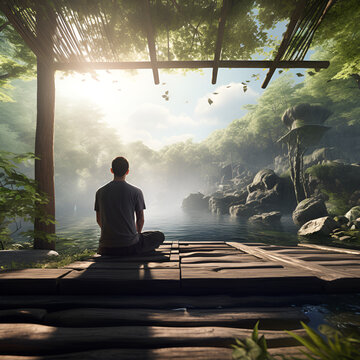 A man practicing mindfulness and meditation in a peaceful natural environment