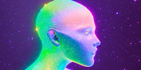 3D hologram of a person. particles of light. 3D illustration. physical condition. Head. happy. fun. sad. anger. Emotional. spiritual. Abstract. Stiff shoulder. body. yoga.
