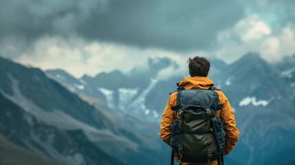 A rugged mountaineer stands in awe, gazing at the majestic mountain range ahead, clad in a sturdy backpack and jacket, ready to conquer the summit