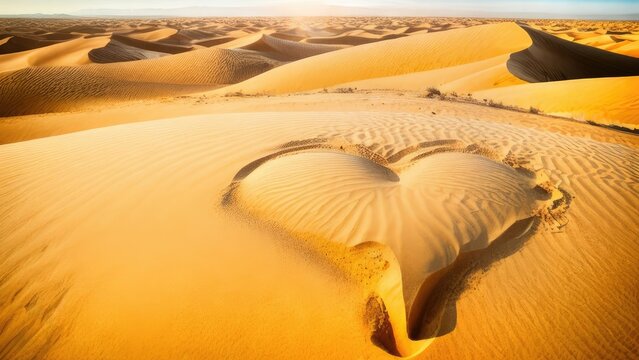 Golden big heart on the sand in the desert. The concept of love for travel and warm countries. Valentine's Day