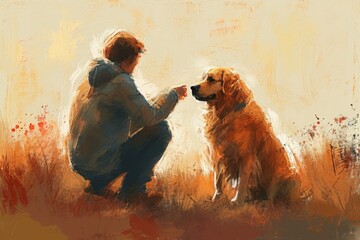 A tranquil moment captured in a painting, showing the bond between a person and their loyal companion, surrounded by the beauty of nature and the expressive strokes of art