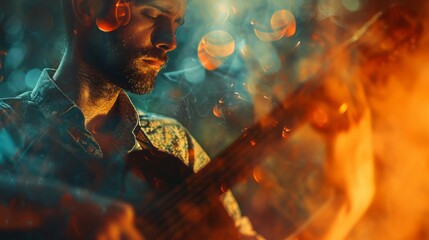 A musician strums his guitar in front of a fiery backdrop, captured in a mesmerizing screenshot