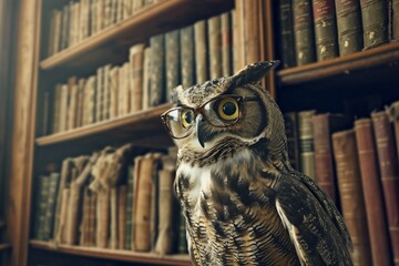 An intellectual owl perches in front of a towering bookcase, its wise gaze focused on the vast world of knowledge contained within the shelves